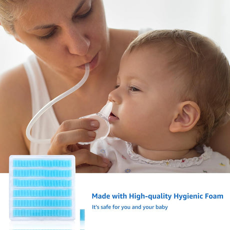 Mother using GROWNSY nasal aspirator on baby, with 120 hygienic foam filters shown.