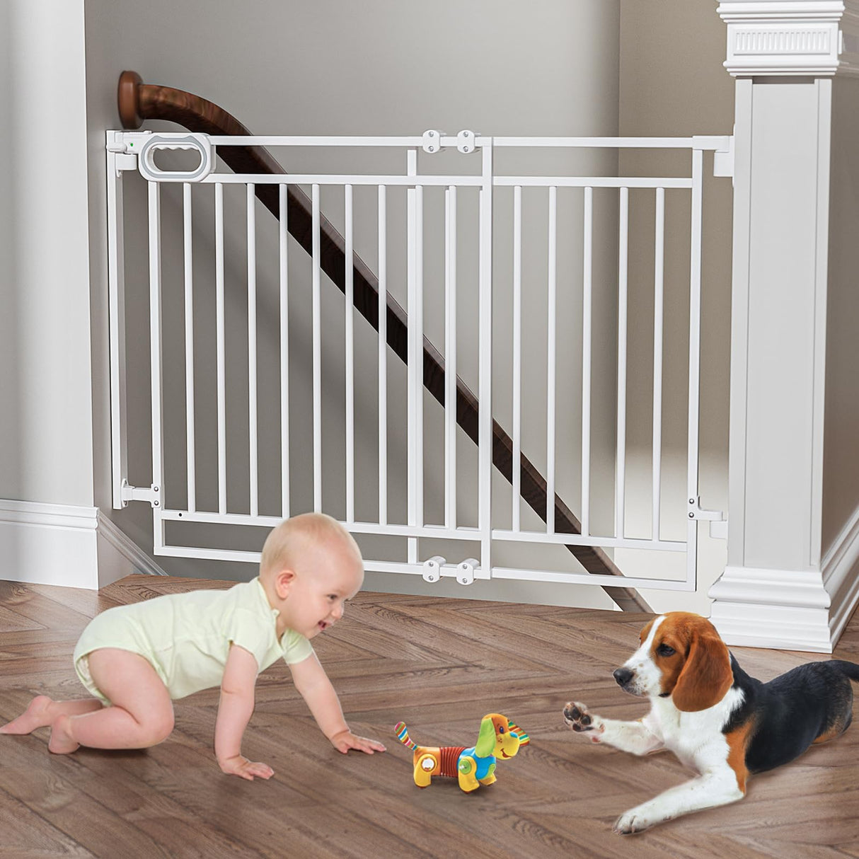 Grownsy Baby Gate for Stairs- No Bottom Bar, Adjustable Width One-Hand Operation