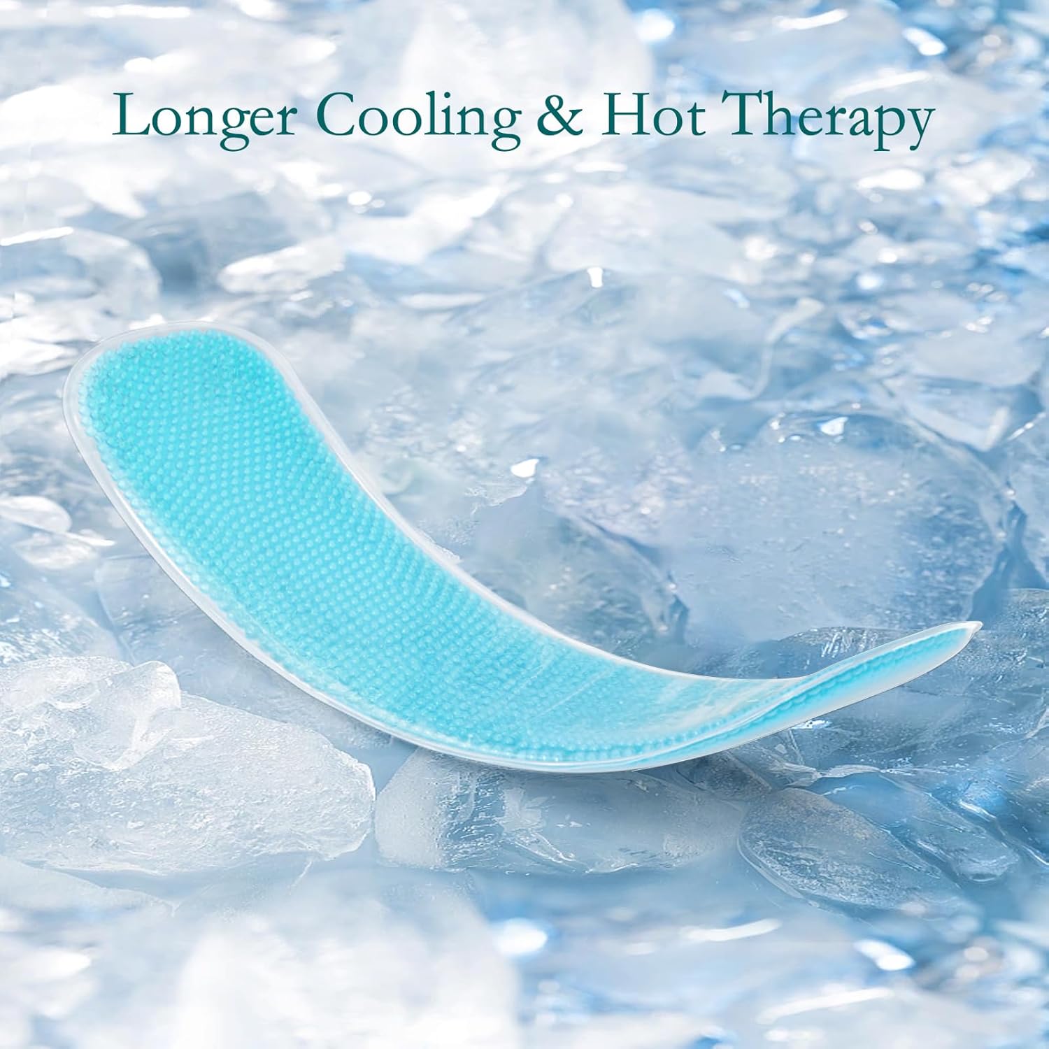 Light blue beaded gel postpartum pad for cold and hot therapy, shown on ice shards.