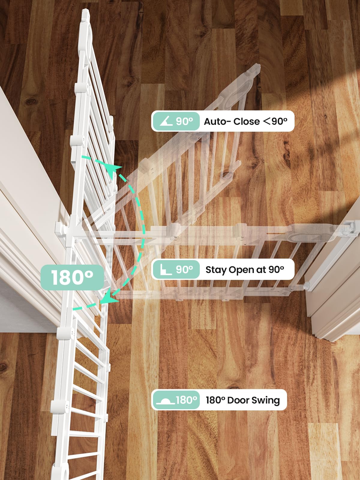 Grownsy Baby Gate for Stairs- No Bottom Bar, Adjustable Width One-Hand Operation