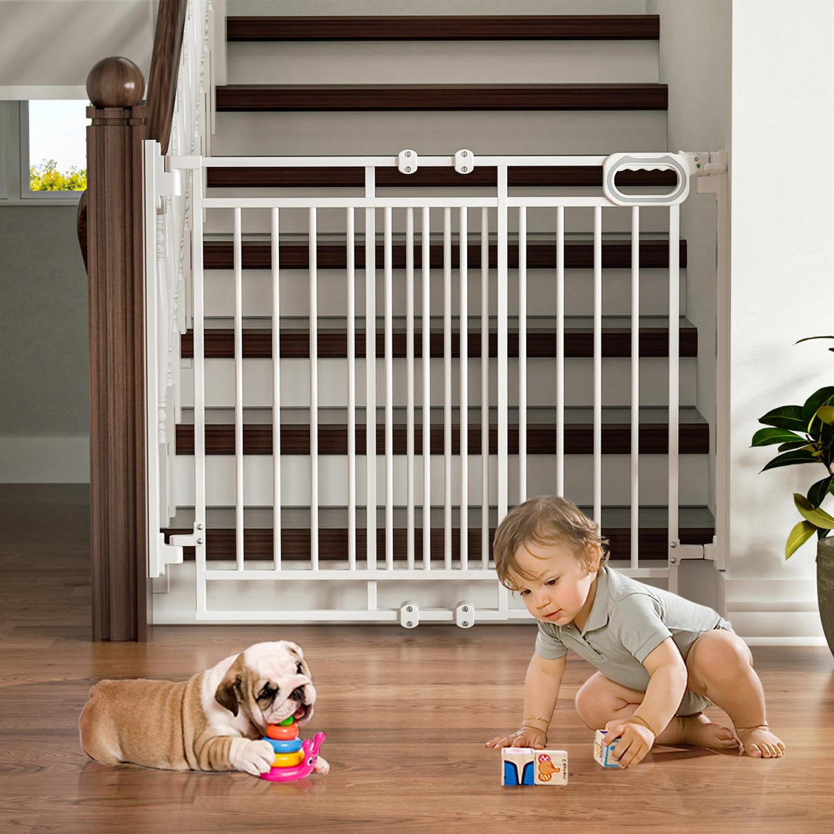 Grownsy Baby Gate for Stairs- No Bottom Bar, Adjustable Width One-Hand Operation