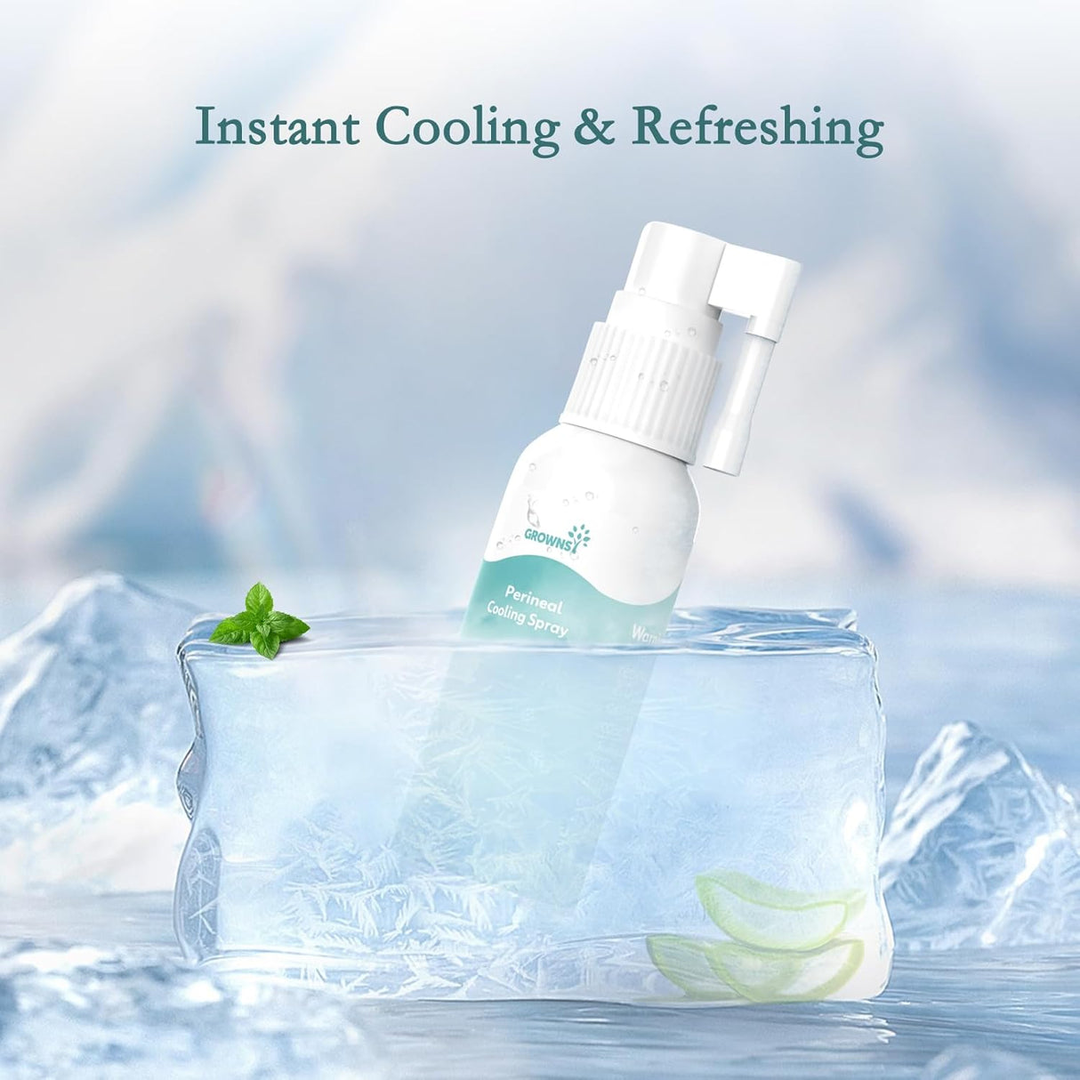 GROWNSY Perineal Cooling Spray bottle cooling in ice with mint and aloe for instant postpartum relief.