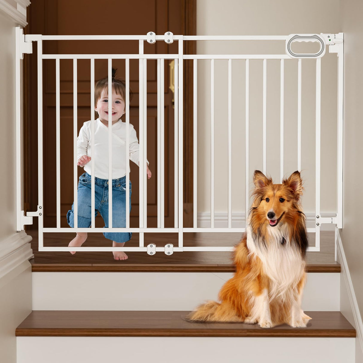 White no-bottom bar baby gate on wooden stairs with toddler and dog, one-hand operation.