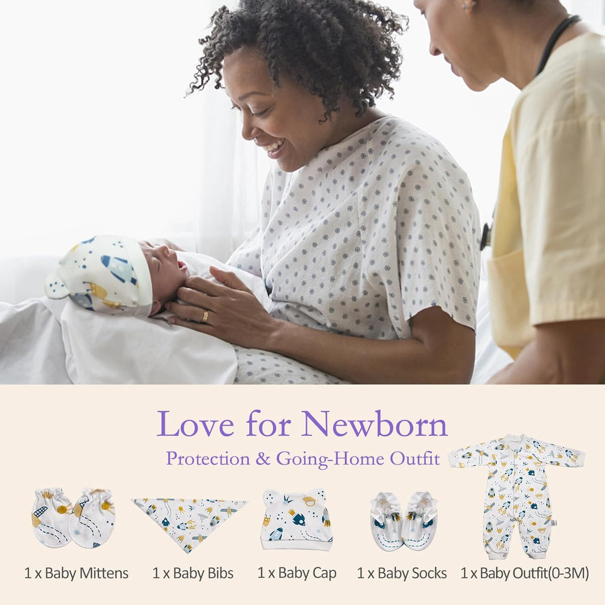 GROWNSY baby outfit, cap, mittens, bibs, socks with space theme print. Mom holds newborn in rocket cap.