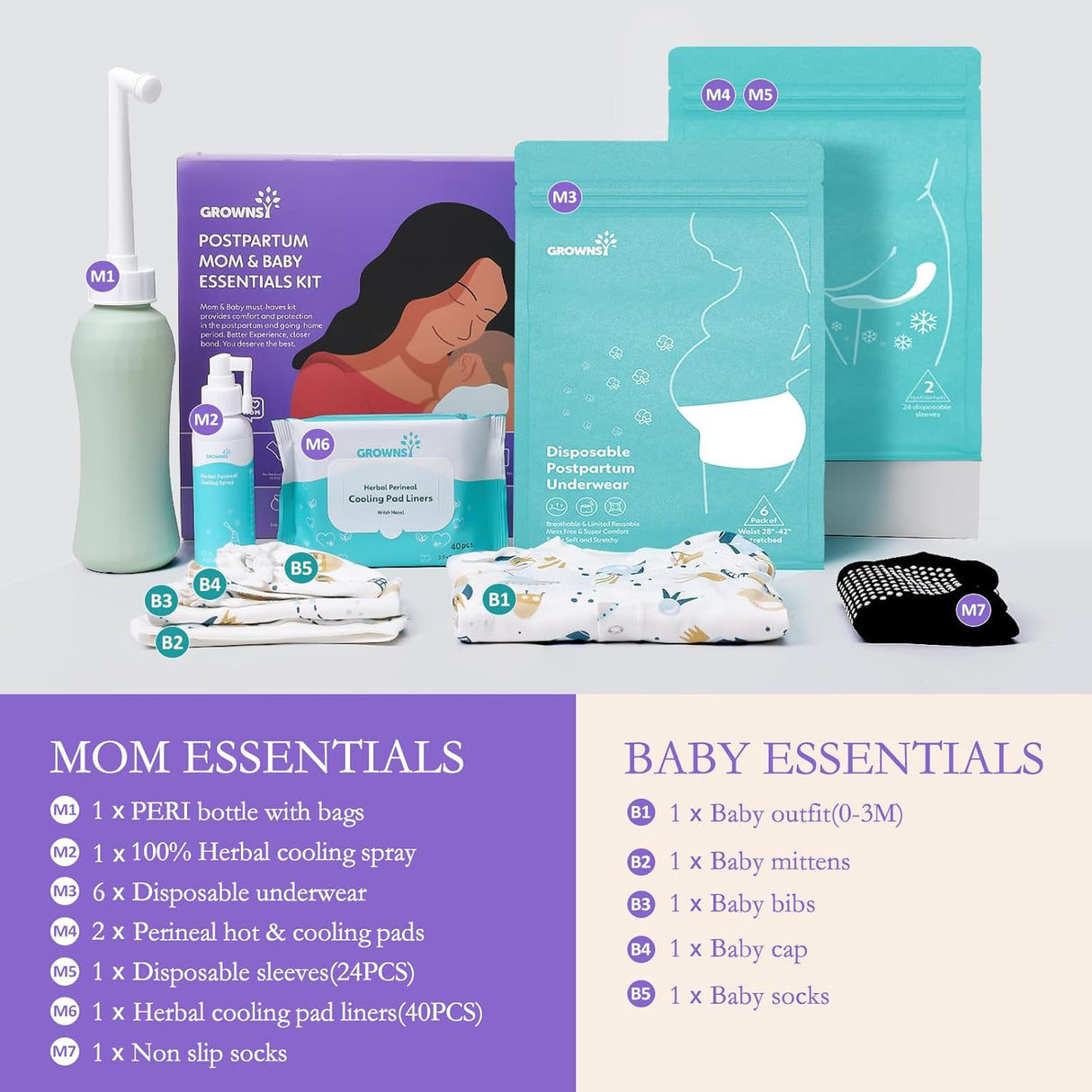 GROWNSY Postpartum Kit: peri bottle, cooling spray, liners, disposable underwear, hot/cold packs, baby outfit, socks.