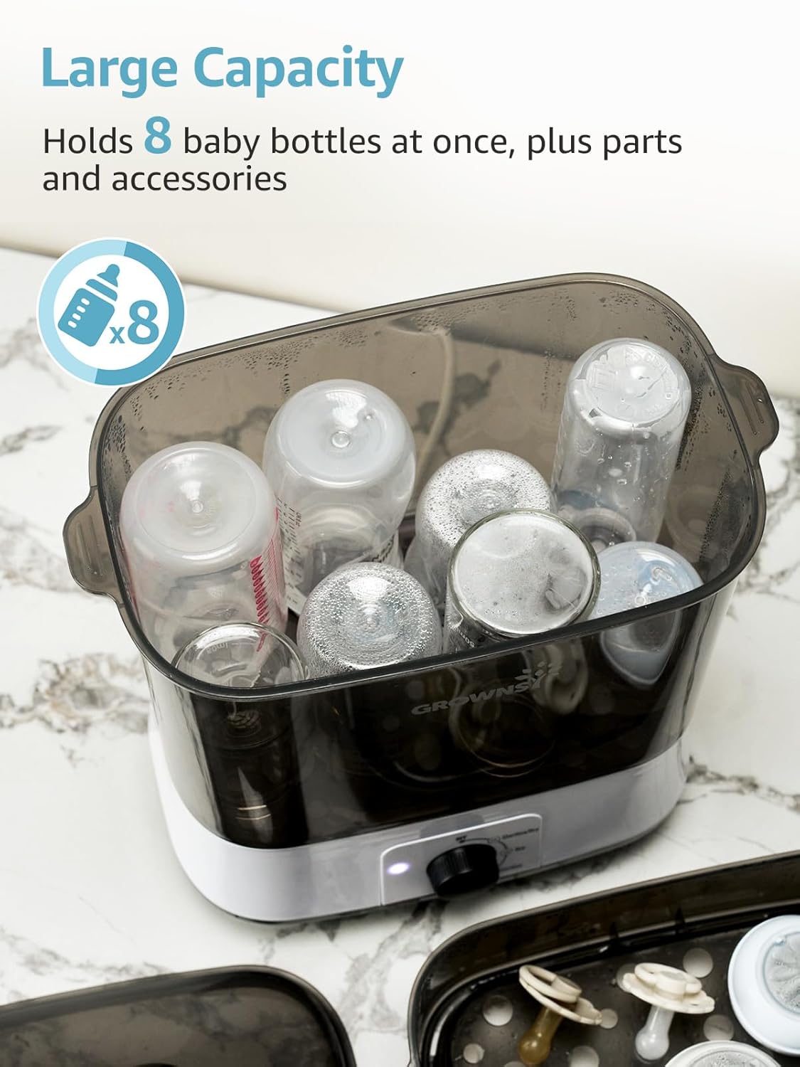Grownsy PureMax sterilizer large capacity, holding 8 baby bottles, pump parts, and accessories for efficient baby care.