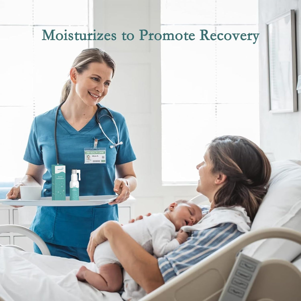 Nurse offering GROWNSY Perineal Cooling Spray to new mother with baby, postpartum recovery.