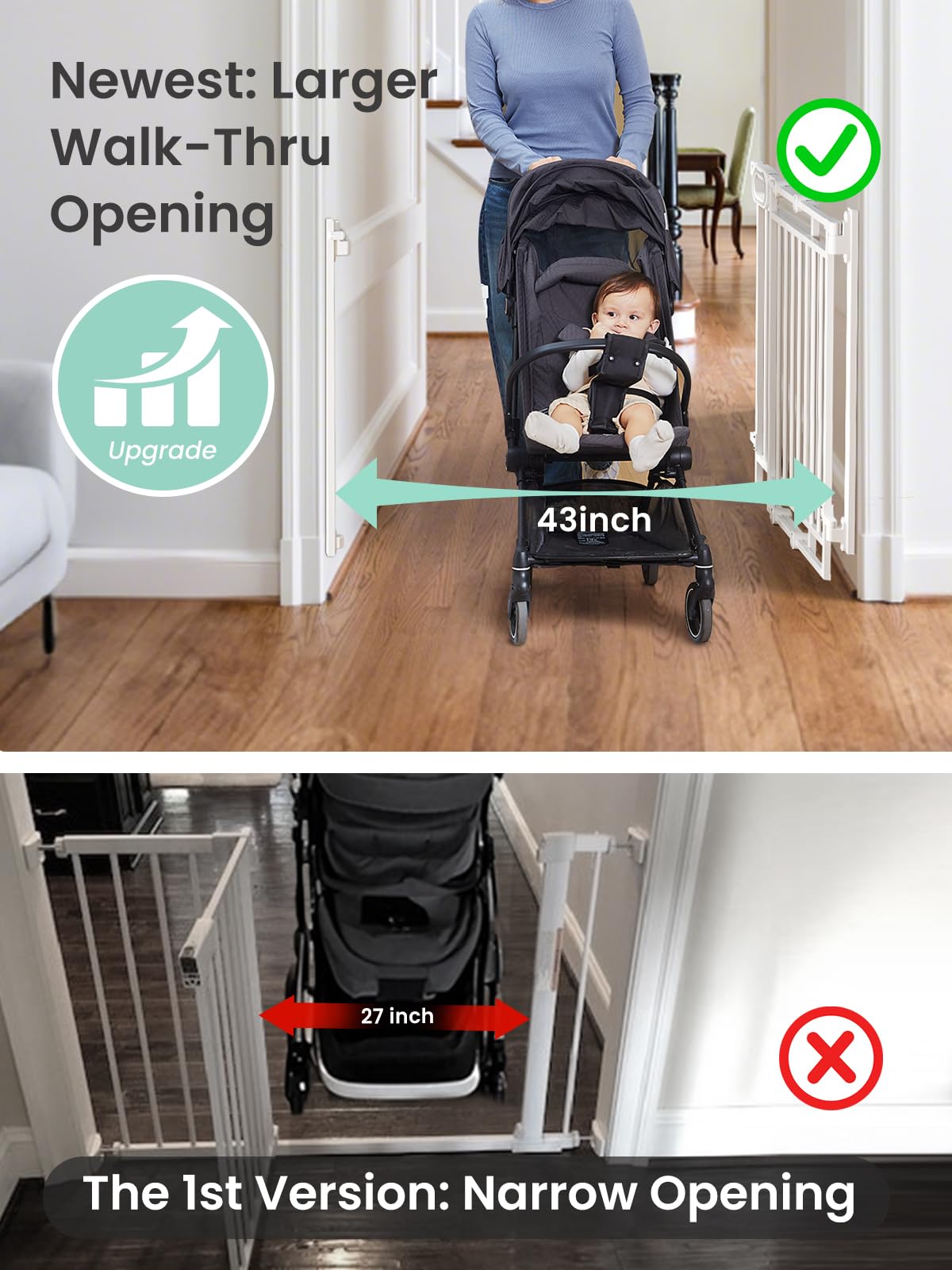 Grownsy white no bottom bar baby gate showcasing 43-inch wide walk-thru opening with stroller, upgraded for convenience.