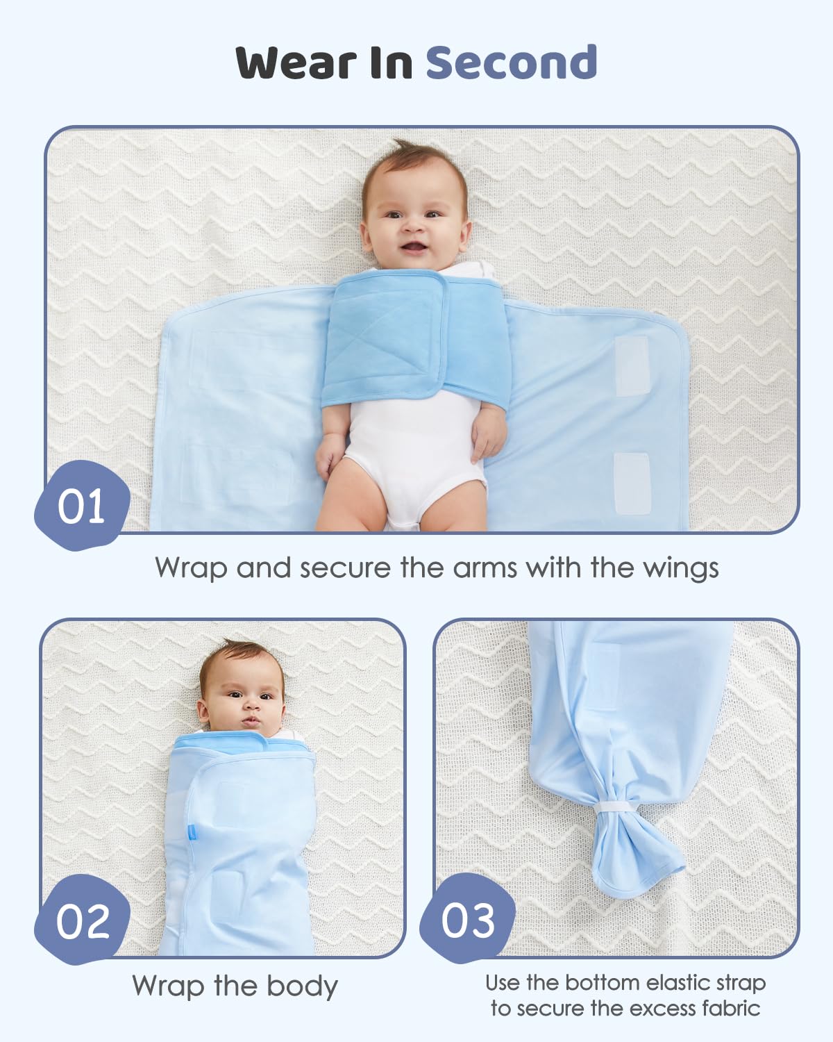Grownsy Pink Cotton Baby Swaddle Sack: how to use guide with secure arm wrap, body, and bottom.