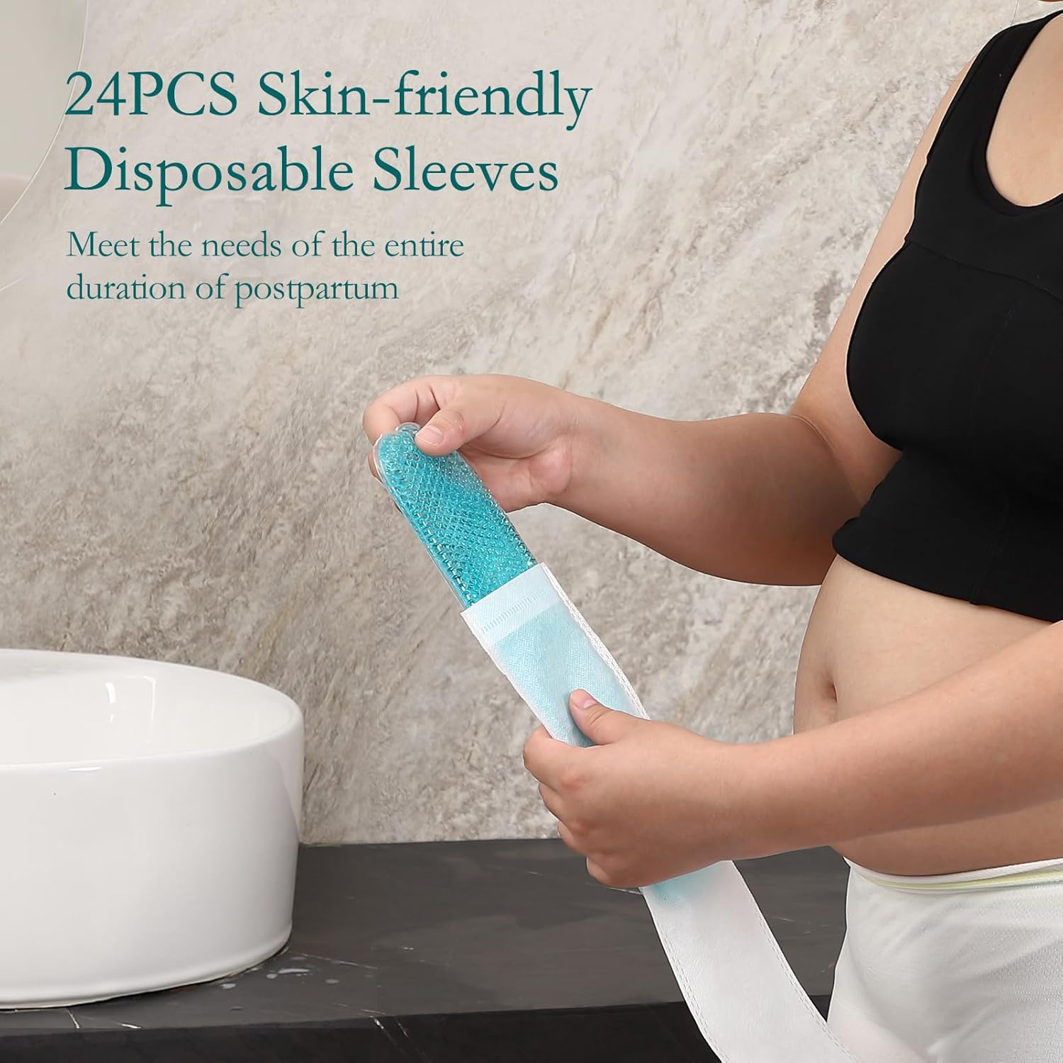 Woman inserting blue gel postpartum pad into a skin-friendly disposable sleeve for relief and recovery.