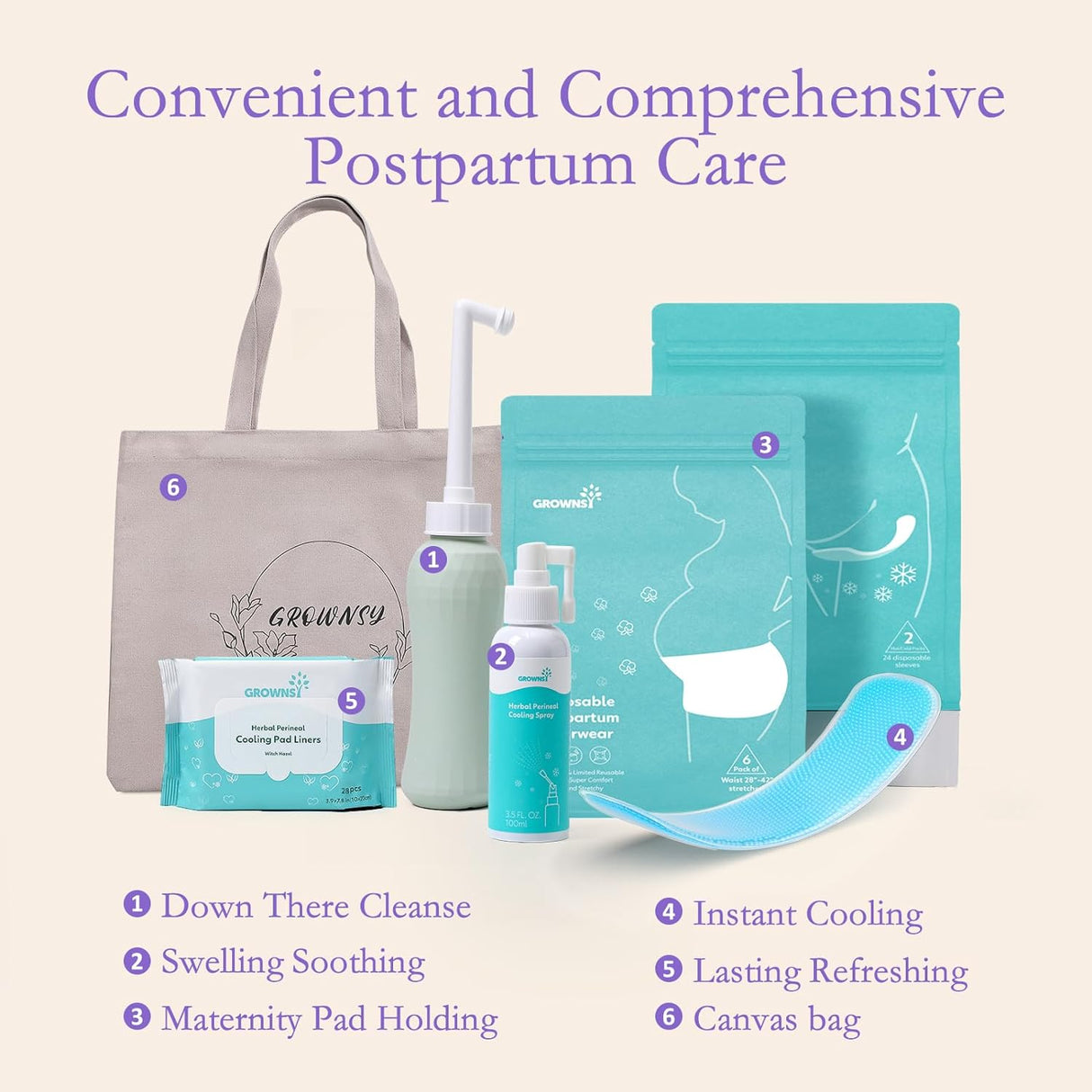 GROWNSY Postpartum Recovery Kit: peri bottle, spray, underwear, cooling pads, tote bag for new moms.