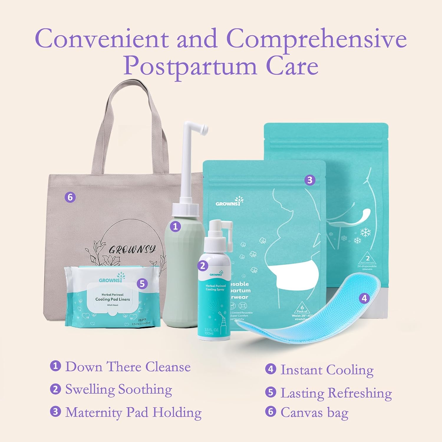 GROWNSY Postpartum Recovery Kit: peri bottle, spray, underwear, cooling pads, tote bag for new moms.