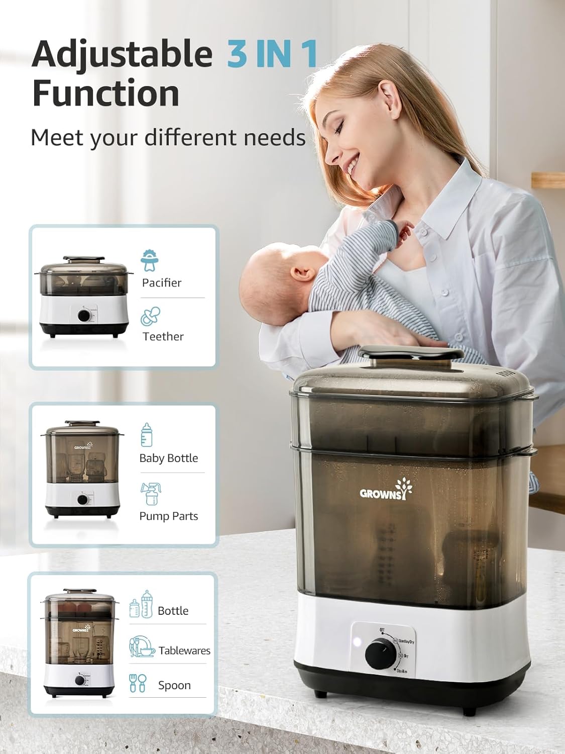 Grownsy PureMax sterilizer 3-in-1 uses: bottles, pacifiers, pump parts, tableware, spoons. Mother holding baby nearby.