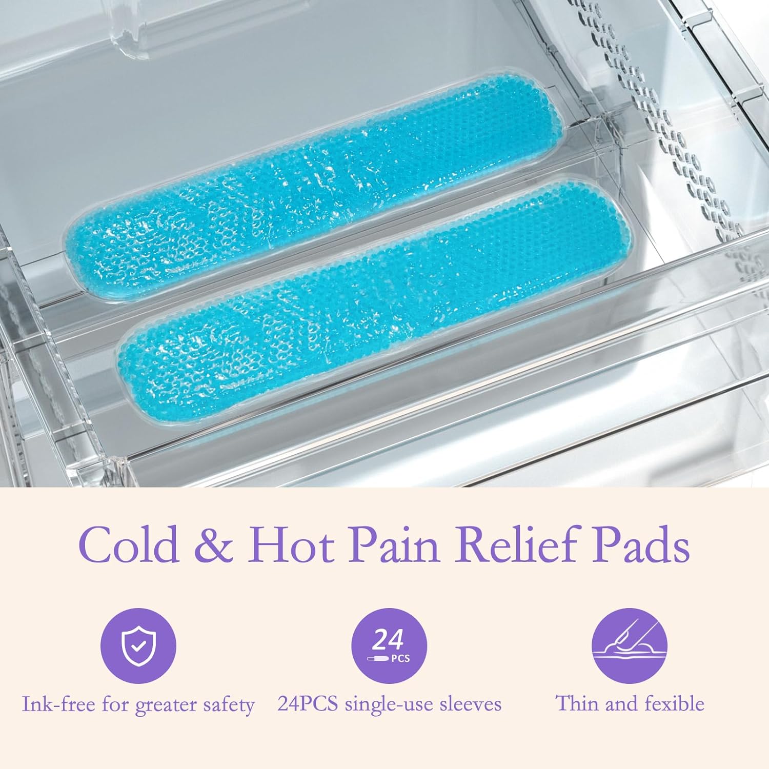GROWNSY Cold & Hot Pain Relief Pads in organizer, 24 ink-free single-use sleeves, thin & flexible for postpartum recovery.