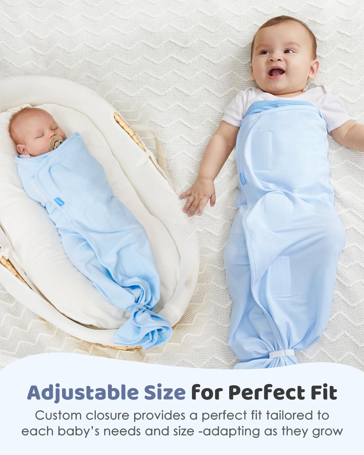 Two babies in pink cotton baby swaddle sacks (0-6 months). Features adjustable velcro closure for safe, comfortable sleep.
