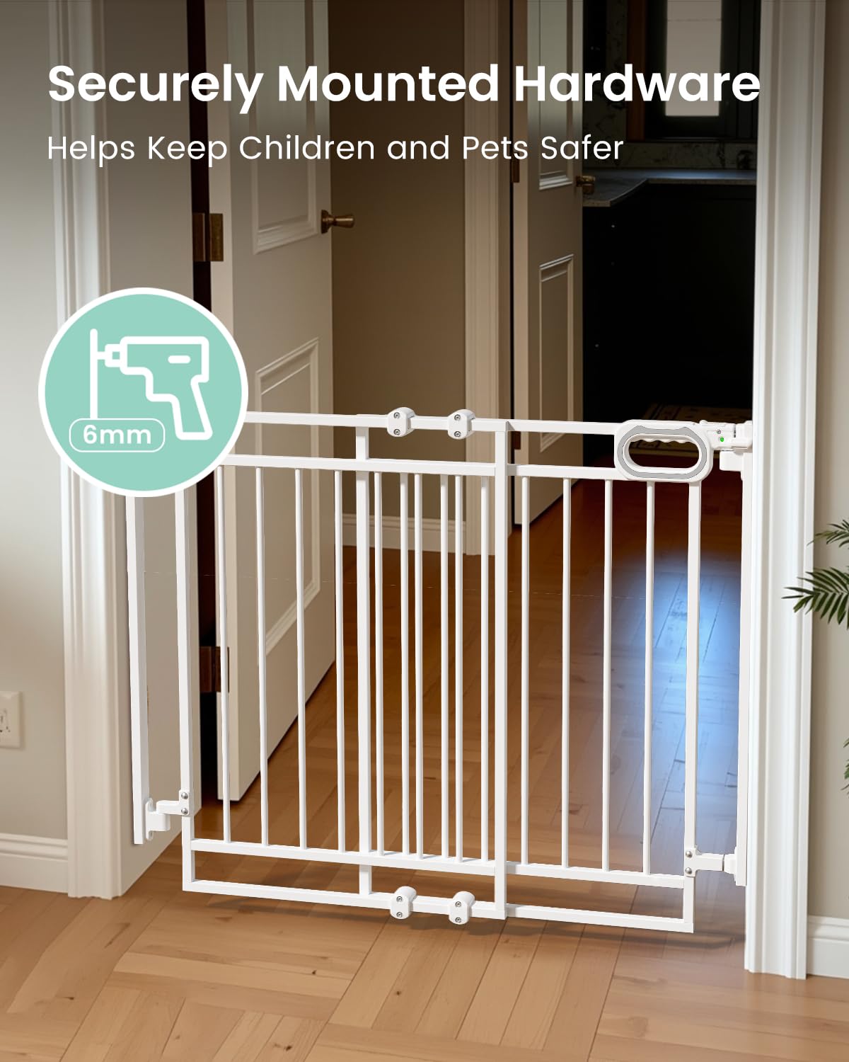 Grownsy white no bottom bar baby gate securely mounted on doorway hardware, featuring one-hand operation handle.