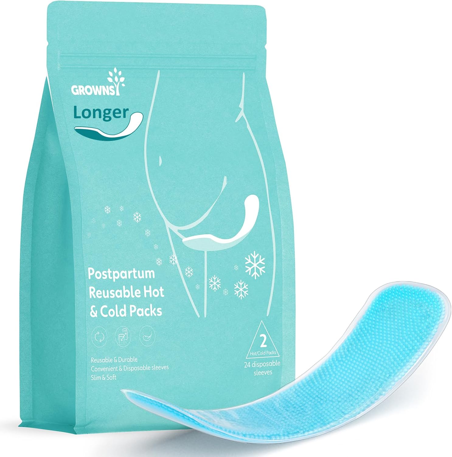 Grownsy Postpartum Reusable Hot & Cold Packs, teal pouch with torso graphic and blue gel pack.