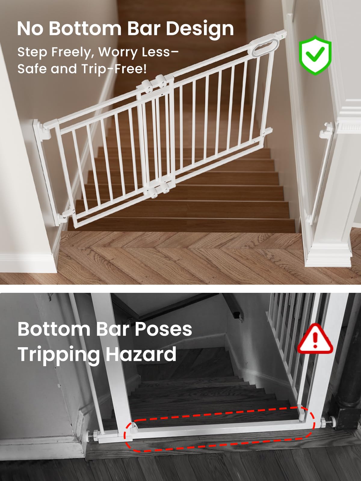 White no-bottom bar baby gate on stairs vs traditional gate with tripping hazard, showcasing safe, trip-free design.