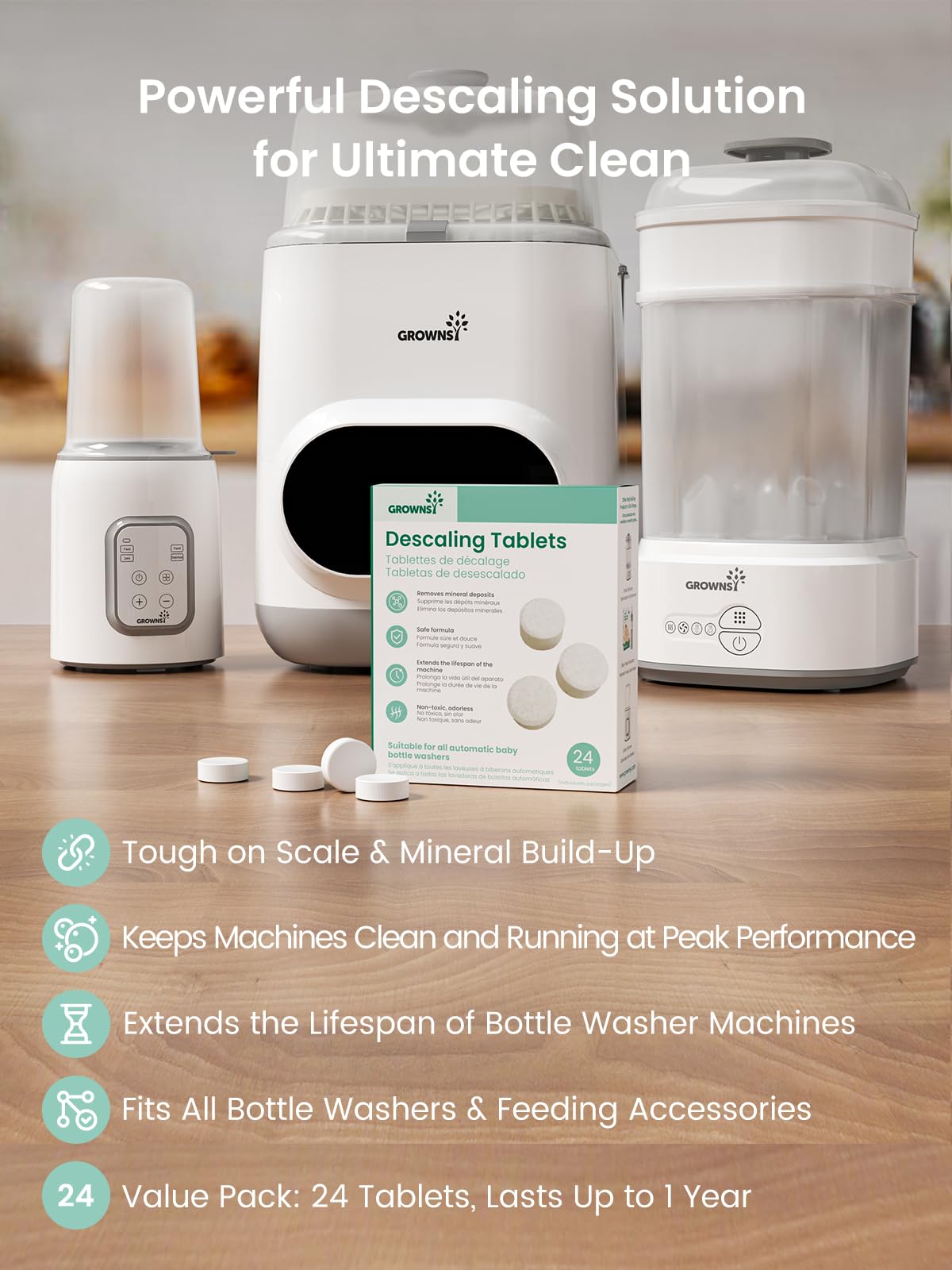 GROWNSY descaling tablets box with scattered tablets by bottle washer, sterilizer, and warmer. Powerful descaling solution.