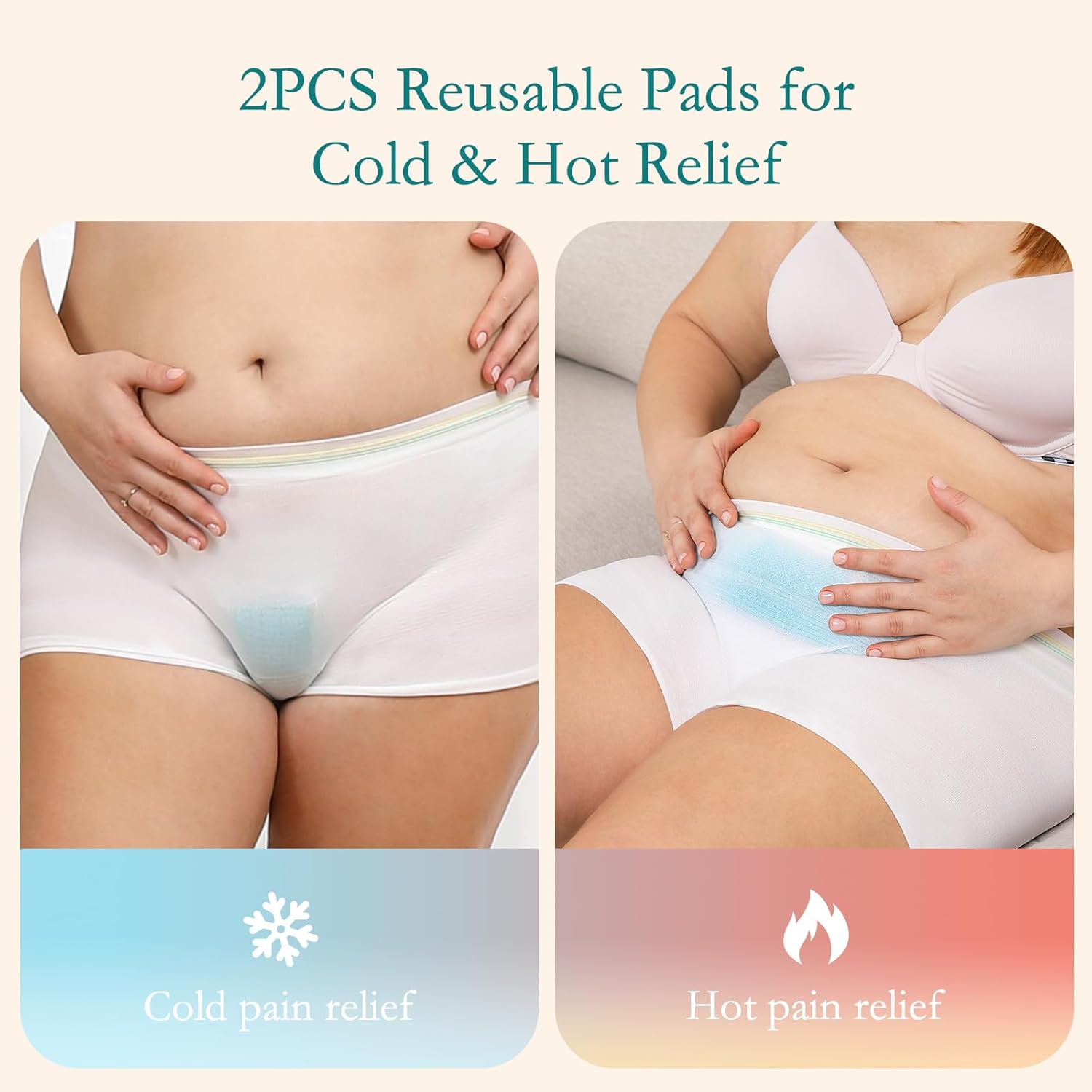 Postpartum cold & hot reusable perineal pads for pain relief. Left: cold therapy. Right: hot therapy.