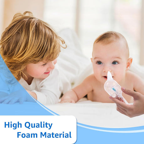 Hand holding GROWNSY nasal aspirator with high quality hygiene filters near baby's nose, older child watches.