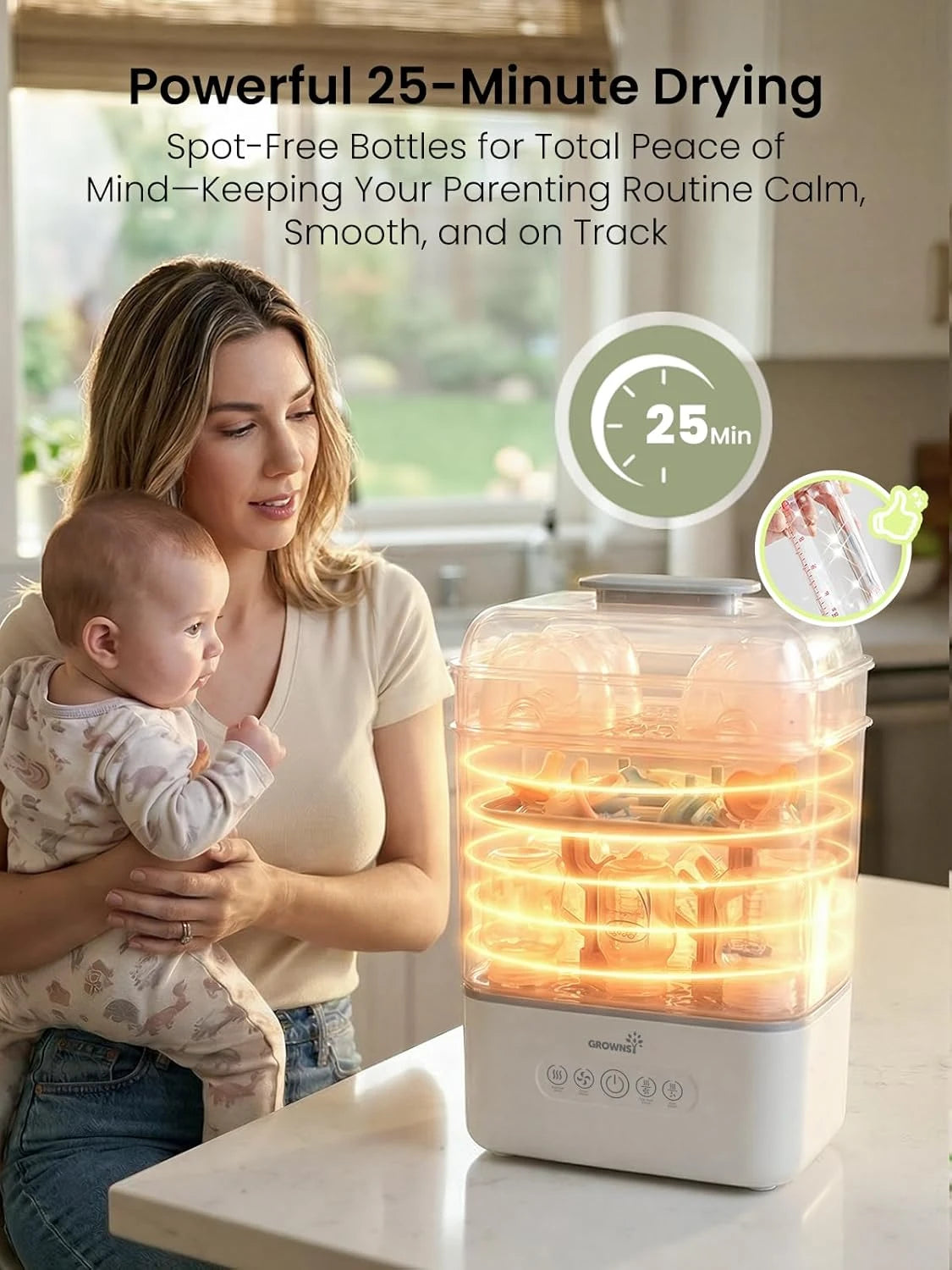 Grownsy 3 Layers Large Bottle Sterilizer and Dryer, Holds 6 to10 Bottles, Nesting Design Bottle Sanitizer Esterilizador de Biberones for Breast Pump Sterilizer Bags Bottle Brush Included