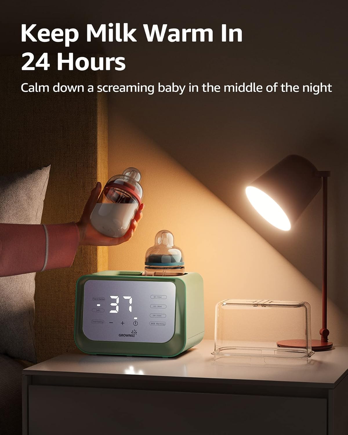 Green 8-in-1 baby bottle warmer keep-warm feature: 37C on digital display, perfect for nighttime feedings.