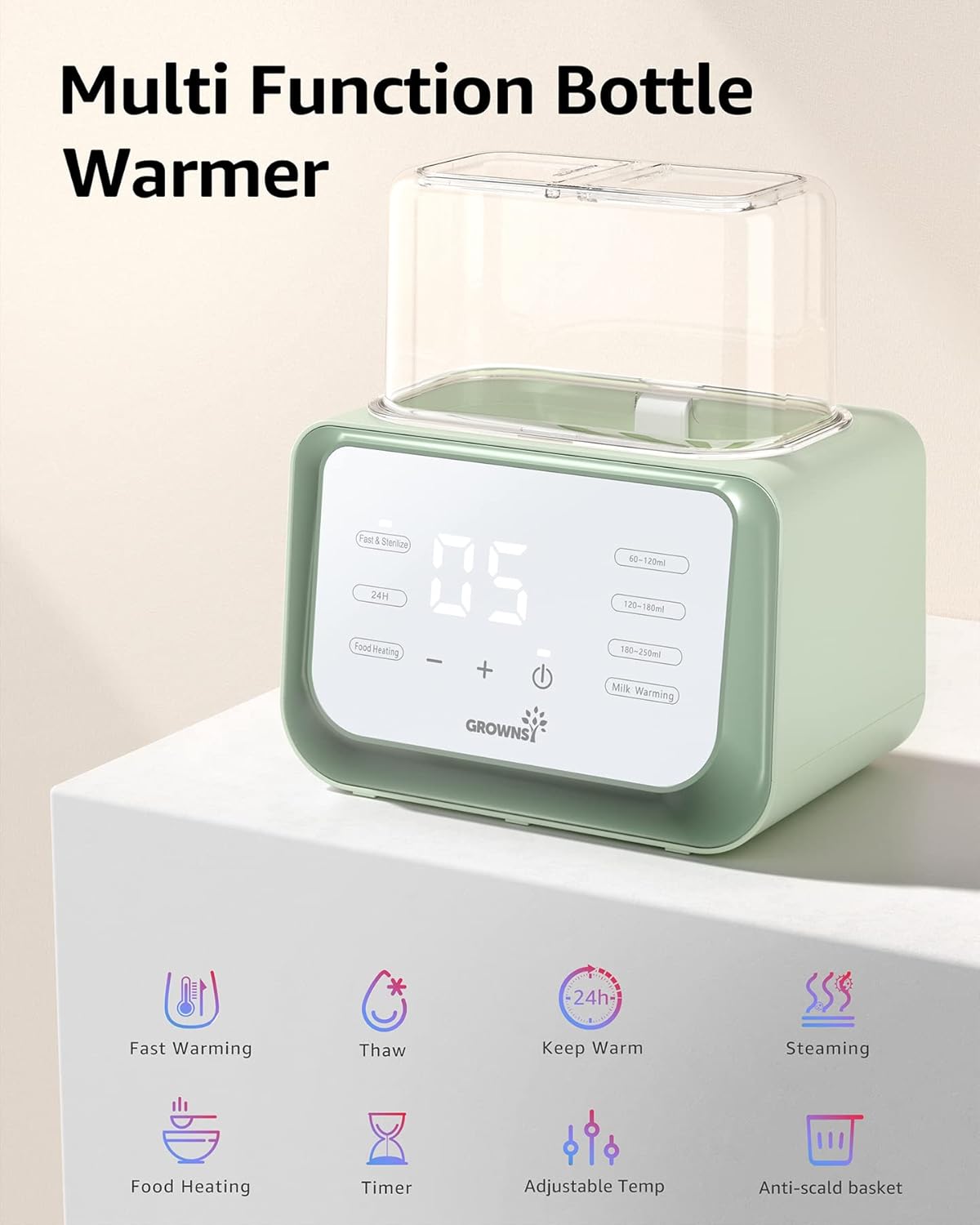 Green 8-in-1 baby bottle warmer: fast warm, thaw, keep warm, steam, food heat, timer, adjustable temp, anti-scald.