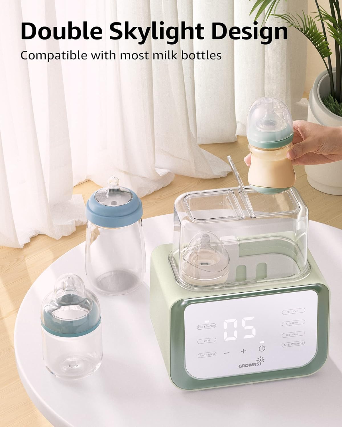 Grownsy green 8-in-1 fast baby bottle warmer with dual bottle capacity, holding two bottles.