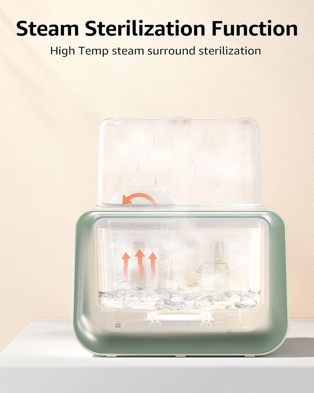Green 8-in-1 baby bottle warmer showcasing steam sterilization function with steam rising inside.