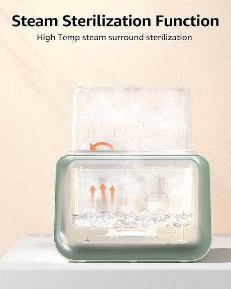 Green 8-in-1 baby bottle warmer showcasing steam sterilization function with steam rising inside.