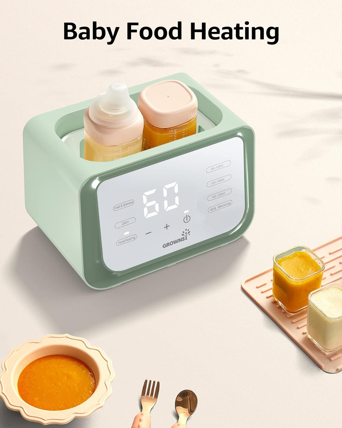 Grownsy Green 8-in-1 dual baby bottle warmer heating two bottles and baby food jars, displaying '60'.