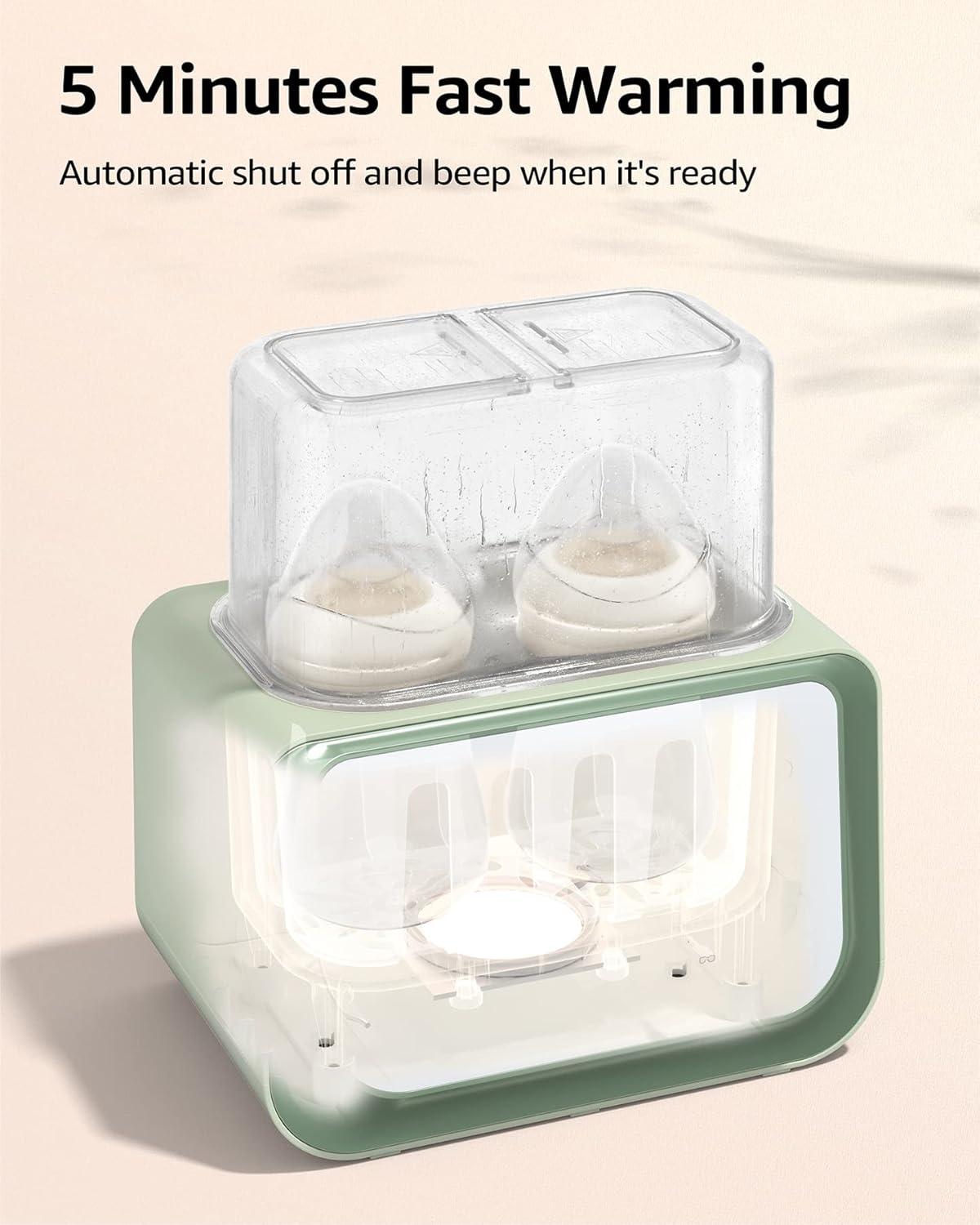 Green 8-in-1 baby bottle warmer, dual capacity, 5-minute fast warming, steaming lid with two bottles inside.