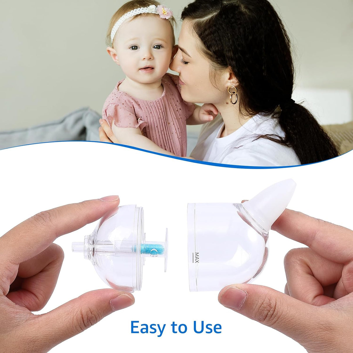 Hands assemble GROWNSY nasal aspirator with blue hygiene filter. Mother and baby in background.