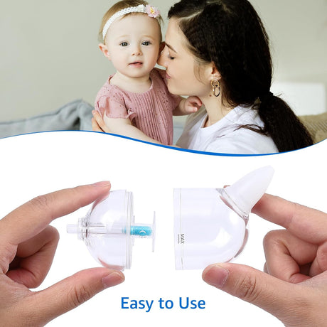 Hands assemble GROWNSY nasal aspirator with blue hygiene filter. Mother and baby in background.