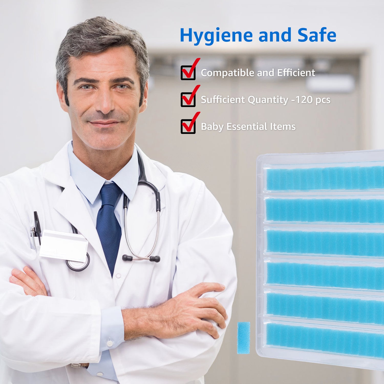 Doctor endorses GROWNSY 120 premium nasal aspirator hygiene filters. Safe baby essential blue foam filters.