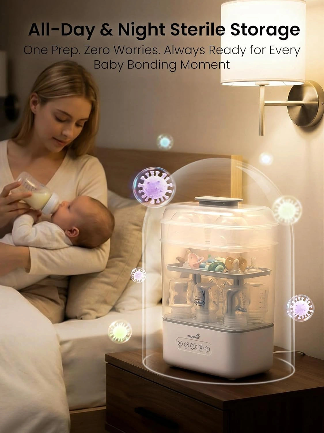 Grownsy 3 Layers Large Bottle Sterilizer and Dryer, Holds 6 to10 Bottles, Nesting Design Bottle Sanitizer Esterilizador de Biberones for Breast Pump Sterilizer Bags Bottle Brush Included
