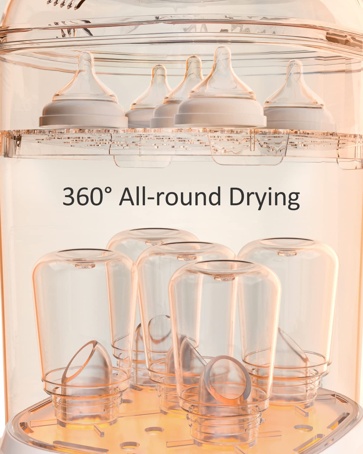 GROWNSY compact bottle sterilizer and dryer showing 360° All-round Drying feature with baby bottles and nipples inside.