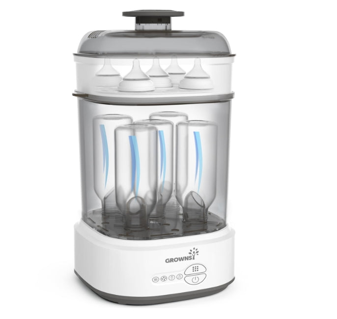 GROWNSY bottle sterilizer & dryer with baby bottles and pacifiers inside, showing airflow for drying.