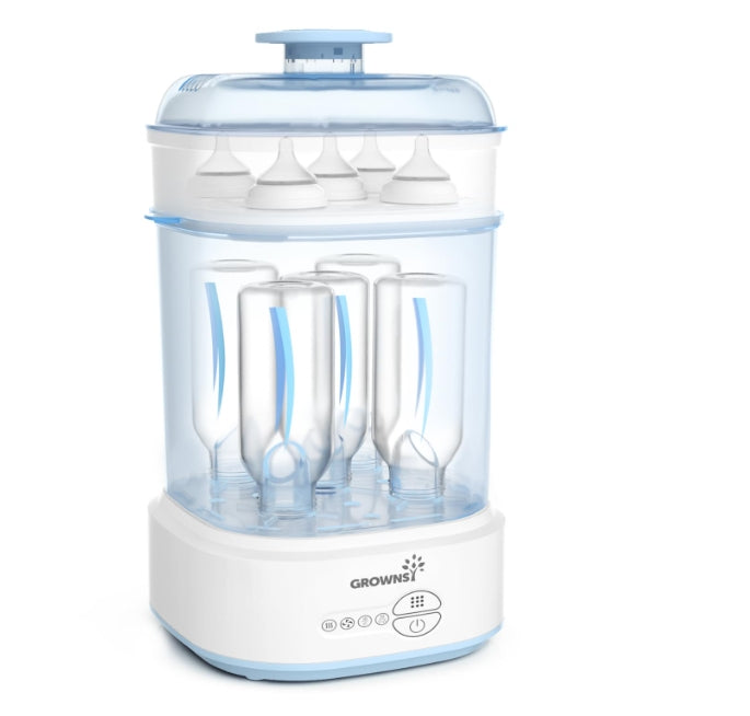 GROWNSY compact bottle sterilizer and dryer capacity, two-tier design with baby bottles and nipples.