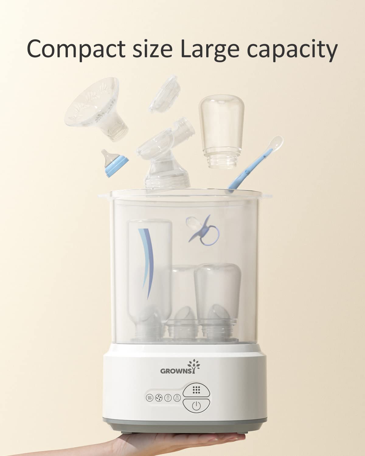 GROWNSY bottle sterilizer & dryer: large capacity with baby bottles, pacifiers, and pump parts inside.