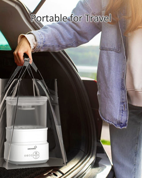 GROWNSY compact bottle sterilizer and dryer being placed in car trunk for travel convenience.