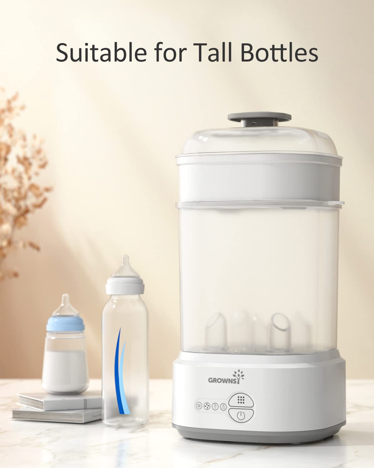 GROWNSY electric bottle sterilizer and dryer next to tall baby bottles, highlighting compatibility.