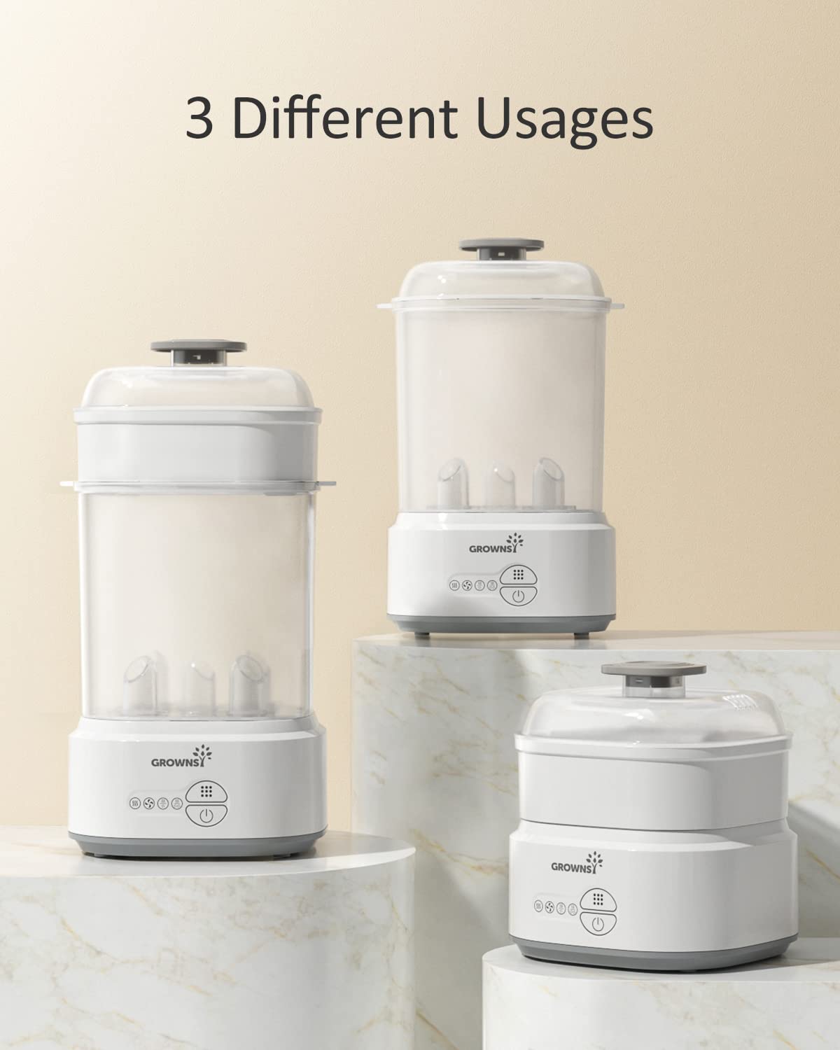 GROWNSY compact electric bottle sterilizer and dryer in 3 modular configurations: sterilize, dry, and store options.