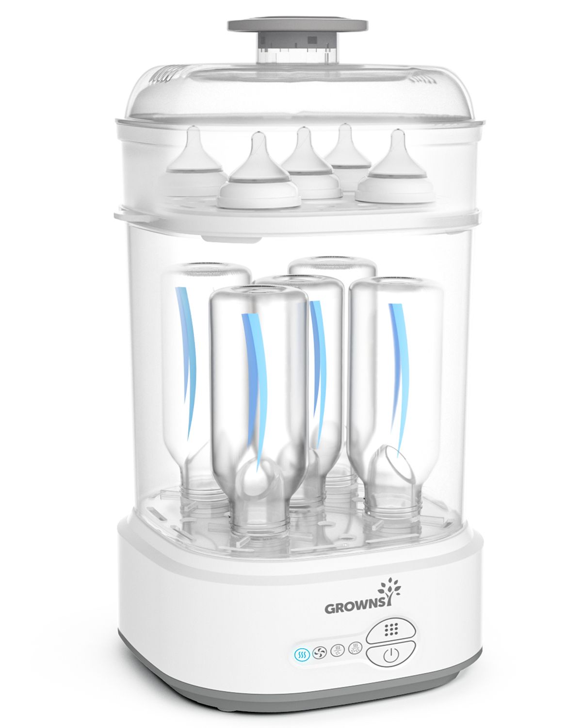 GROWNSY compact bottle sterilizer and dryer holding 6 baby bottles and 6 nipples, white base.