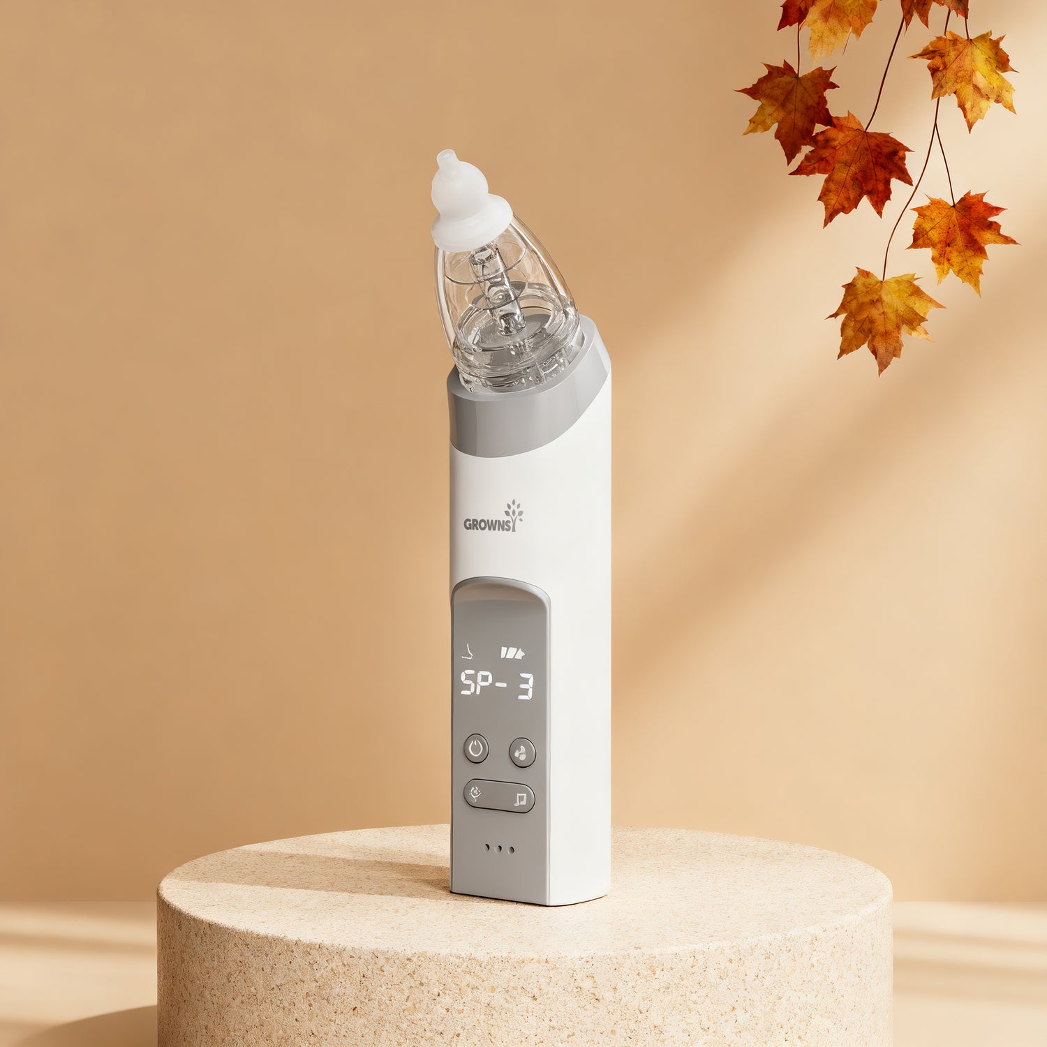 Grownsy SP-3 adjustable suction nasal aspirator with 3 soft tips, featuring anti-backflow design, showcased on a pedestal.