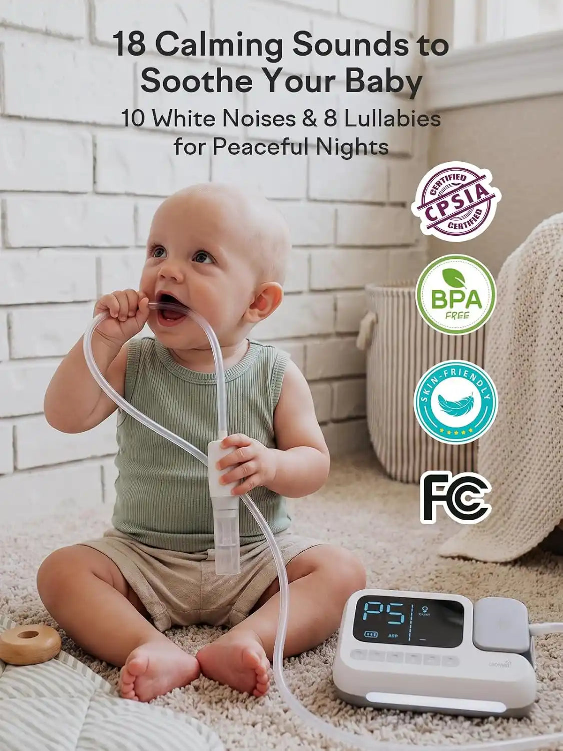 Grownsy Electric Nasal Aspirator for Baby, Baby Nose Sucker with Hospital-Grade Suction, One-Touch Boost Mode, Large 70ml Collection Chamber, Smart Soothing System with 18 Sounds & 4-Mode Light