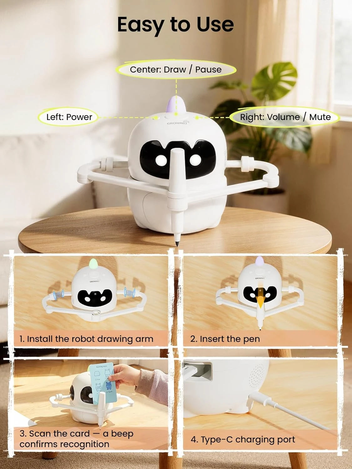 Grownsy Smart Drawing Robot for Kids, Light & Voice Guidance Education Toy with Scan, Doodle Bot with 150 Word Cards & 12 Color Pens, Montessori Painting Learning Toys for Kids Ages 3–8, Birthday Gift
