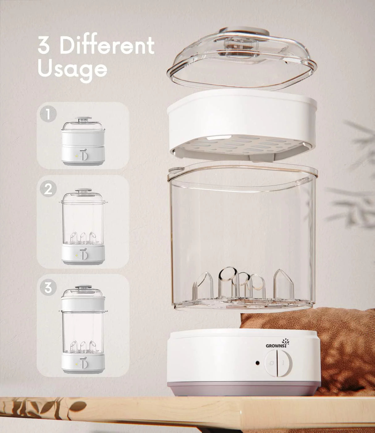 Grownsy electric baby bottle sterilizer exploded view with 3 modular usage options, clear bins, grey lid.