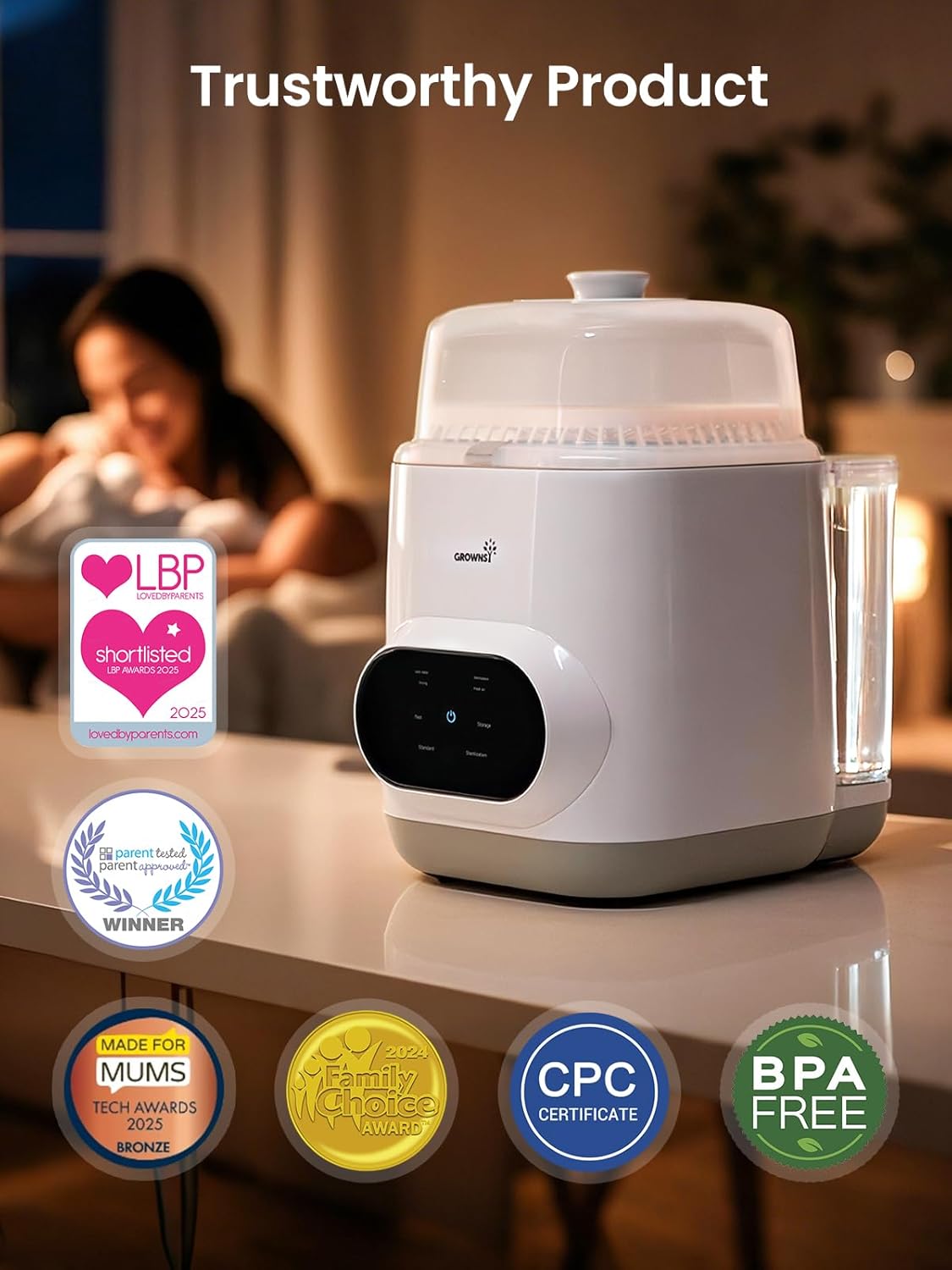 Grownsy EaseClean bottle washer awarded LBP, PTPA Winner, Made for Mums, Family Choice, CPC, BPA Free.